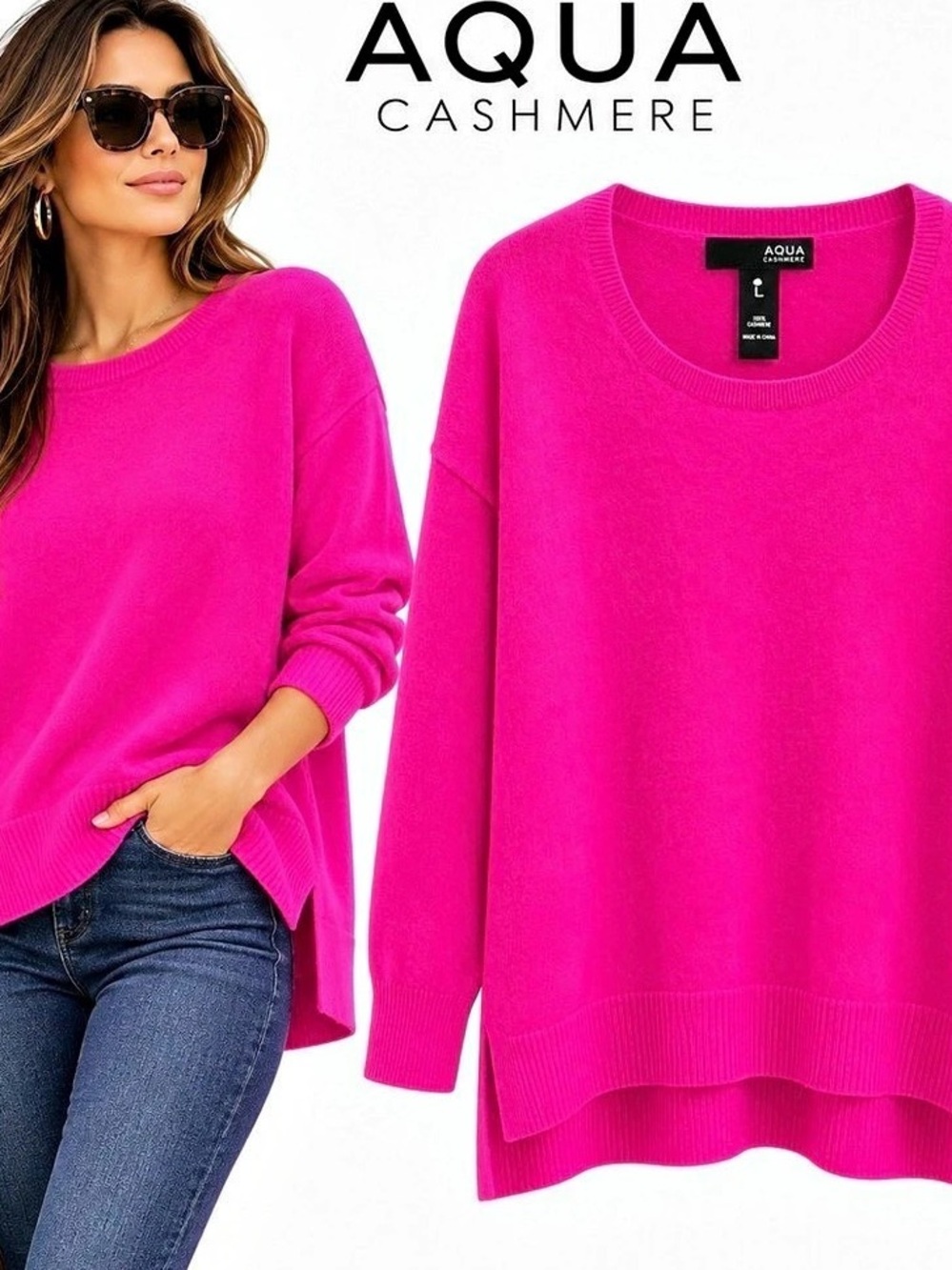 AQUA Cashmere Hot Pink Crewneck Sweater L